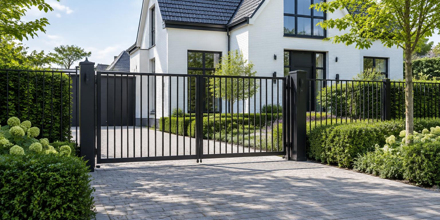 Zwarte maatwerkpoort bij een lichte woning